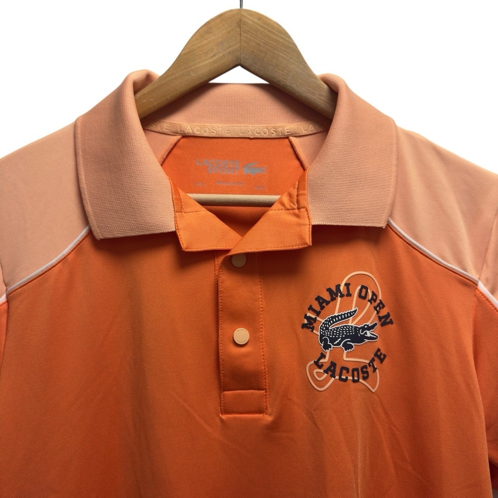 Lacoste Sport Men's Small Orange Crocodile Logo Miami Open Tennis Snap Polo euc